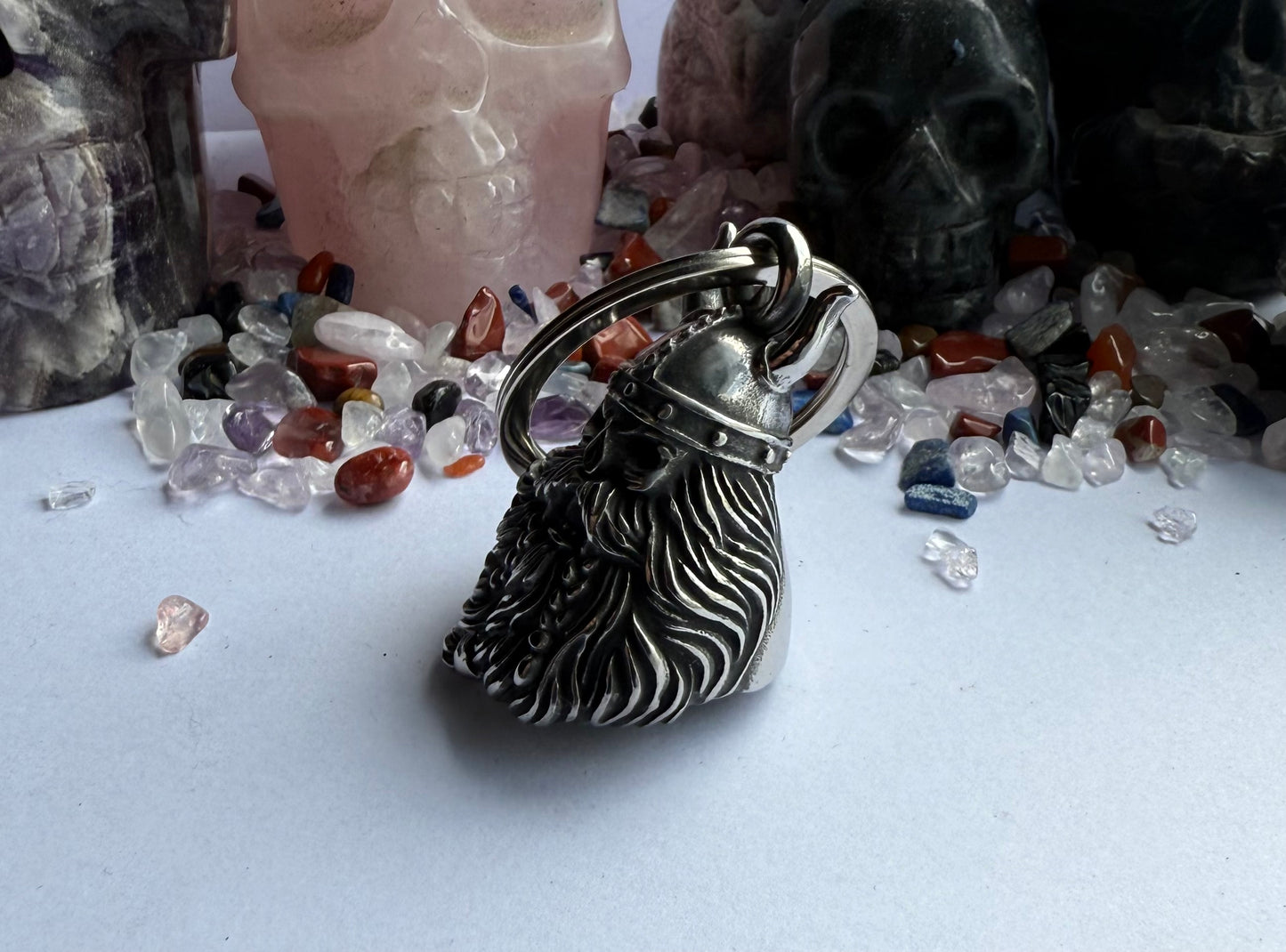 Viking Skull with Beard & Horns-Guardian Bell 3D - SILVER - Walters Motorcycle Wear Australia