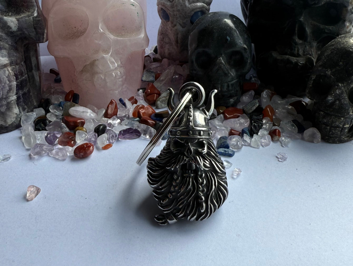 Viking Skull with Beard & Horns-Guardian Bell  3D - SILVER - Walters Motorcycle Wear Australia