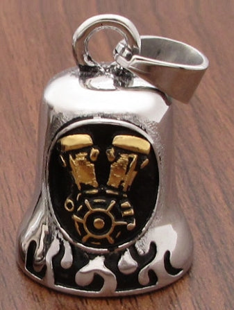 GOLD/SILVER Engine in a Circle with Flames Guardian Bell - Walters Motorcycle Wear Australia